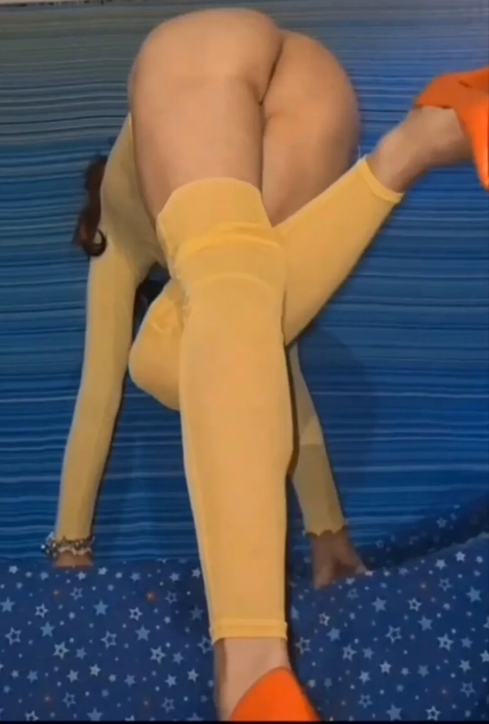 Yellow stockings yellow top and red heels with no panties  #48