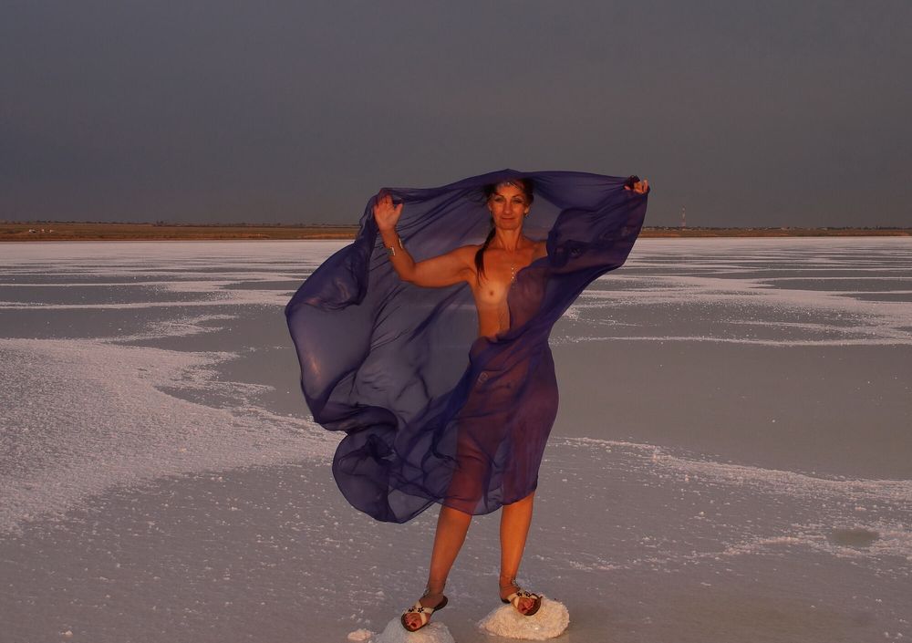 On Sunset-Light with DeepBlue Shawl on Salt- Lake #18