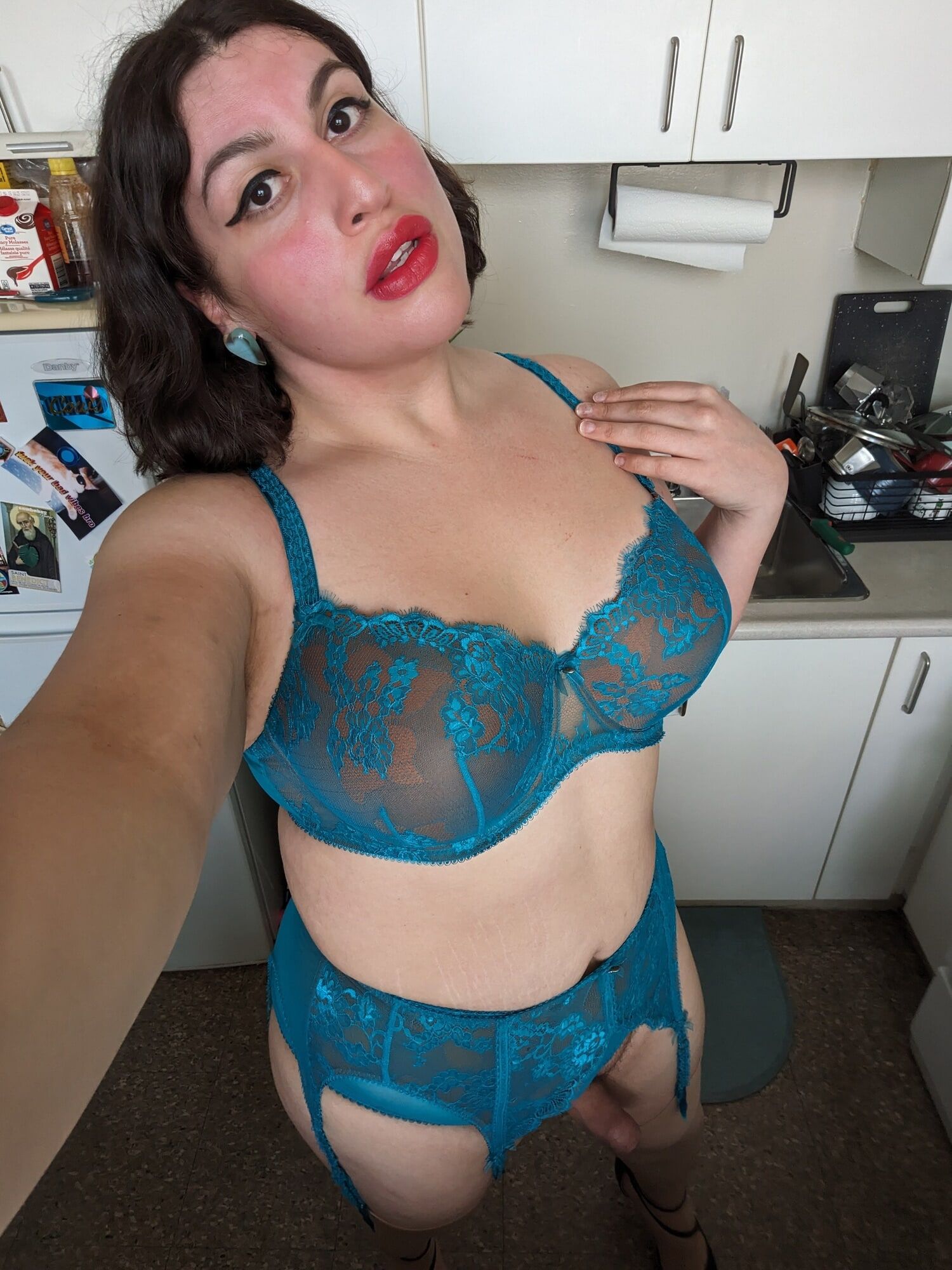 Busty Latina Tranny in Blue Vintage Lingerie  #23