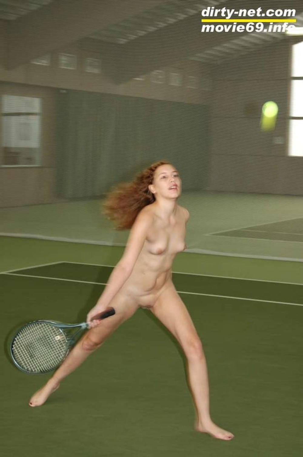 Nathalie plays naked tennis in a tennis hall