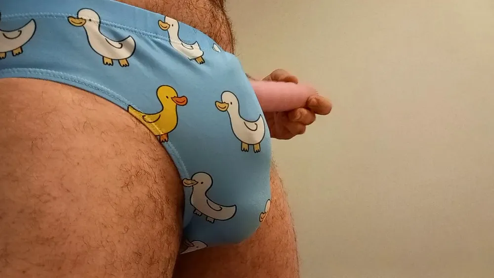 Small penis bulge cum in cute duck speedo, brief, trunks. #28