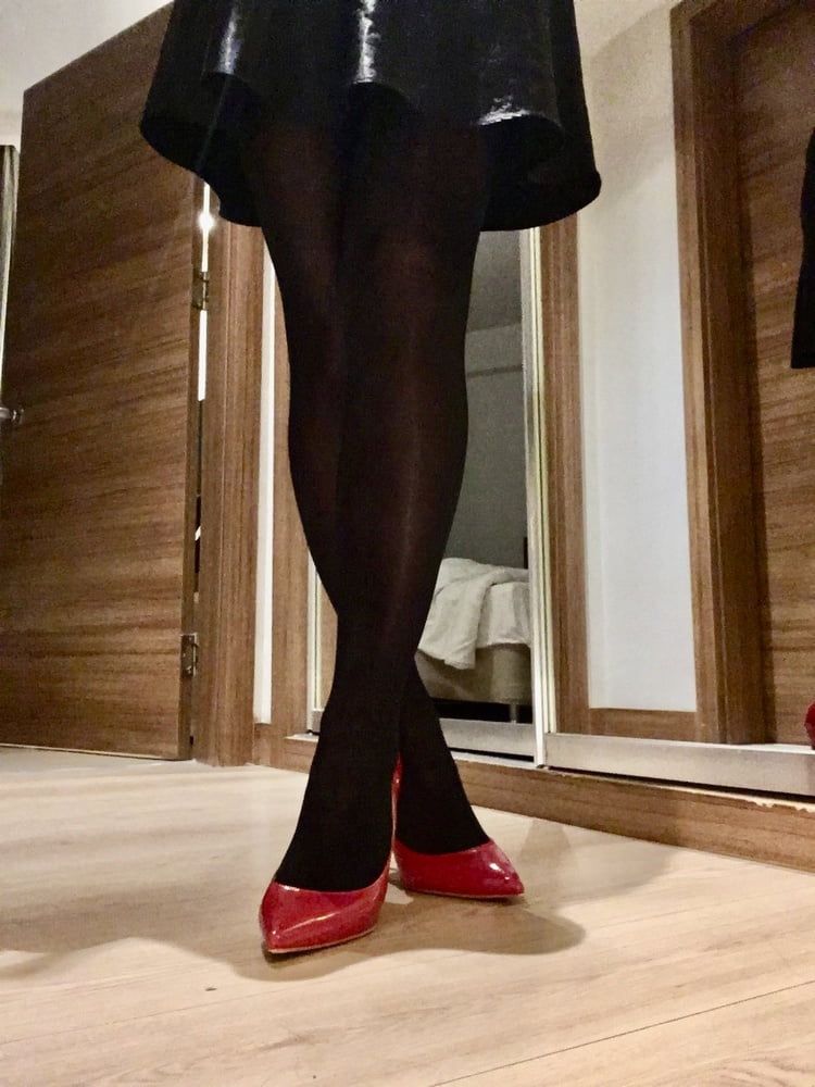 Shiny Black Tights & Red Heels #25