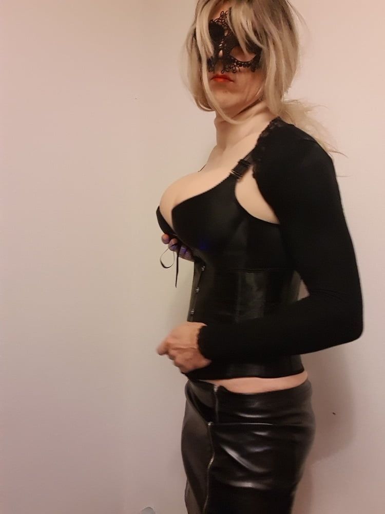 Sexy blonde trans, big tits, leather skirt #2