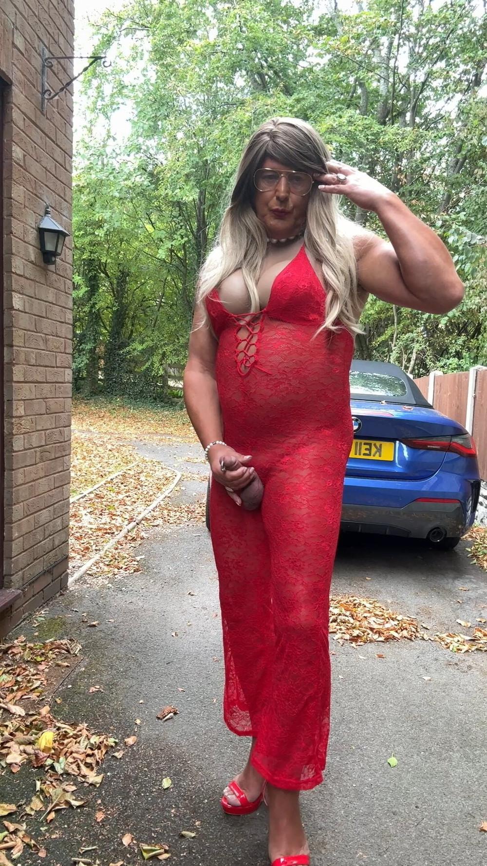 Sexy Crossdresser kellycd2022 in red lace jumpsuit and heels #28