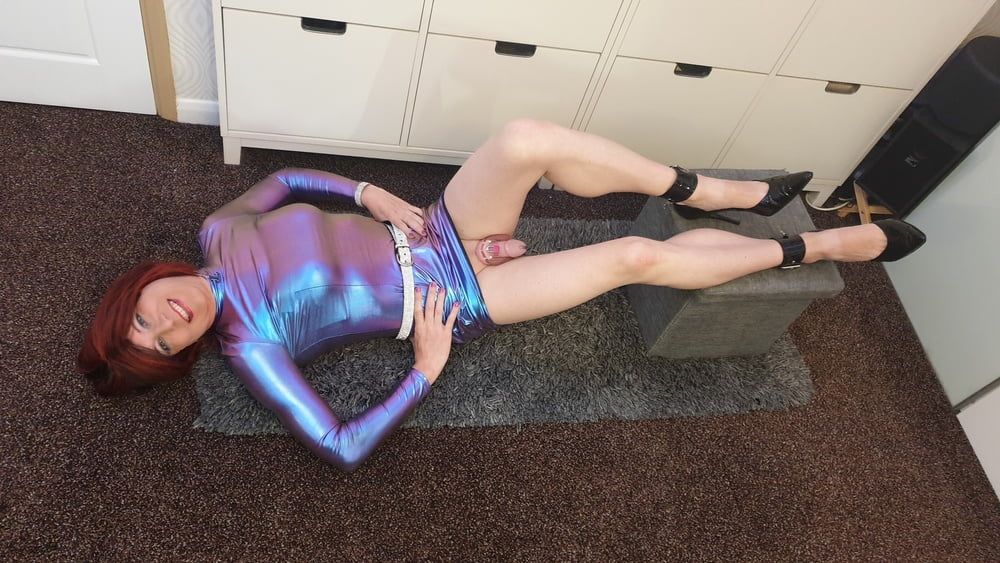 Sissy Lucy showing off in metalic bodycon dress and chastity #30
