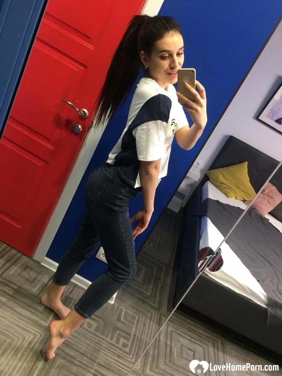 Cute long-haired brunette takes selfies in the bathroom  #41