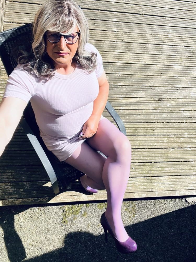 Crossdresser Kellycd in lilac dress and seamless pantyhose  #42