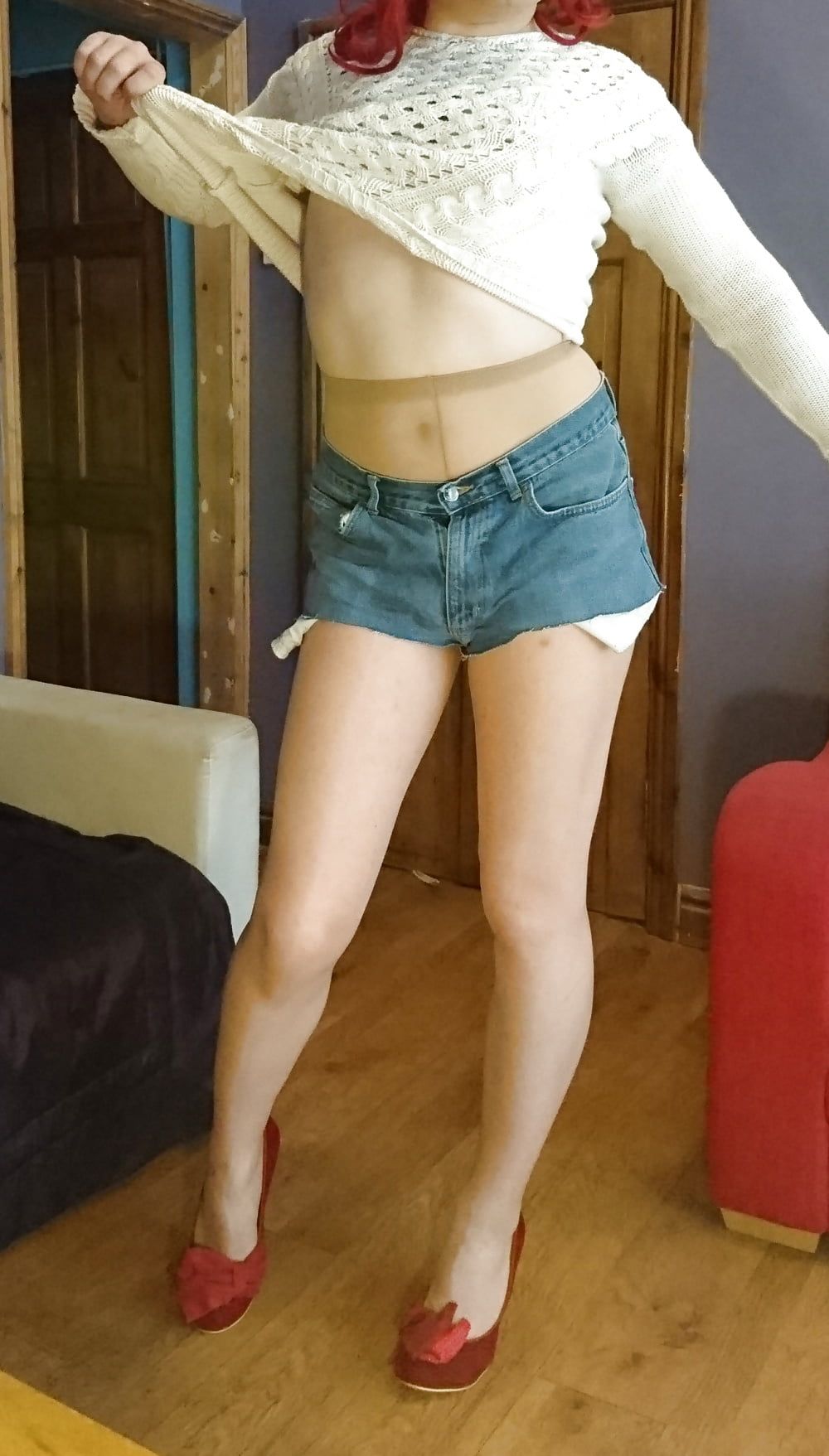 Marie crossdresser denim cut-offs and nude pantyhose #12