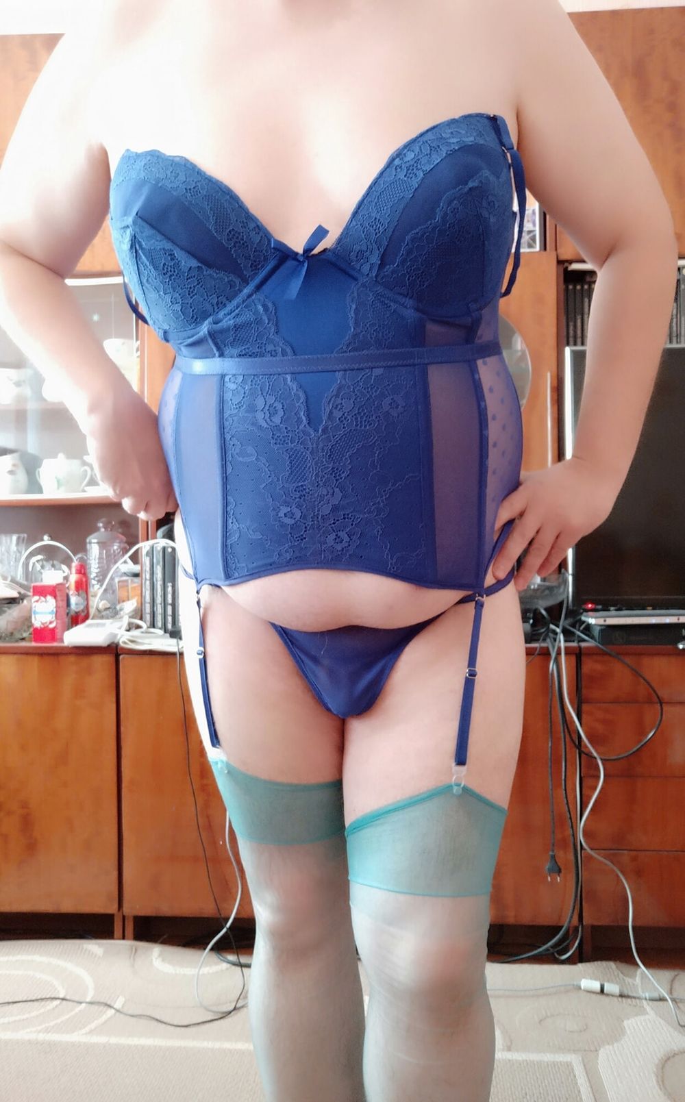 Sissy Aleksa posing in blue corset and green stockings #44