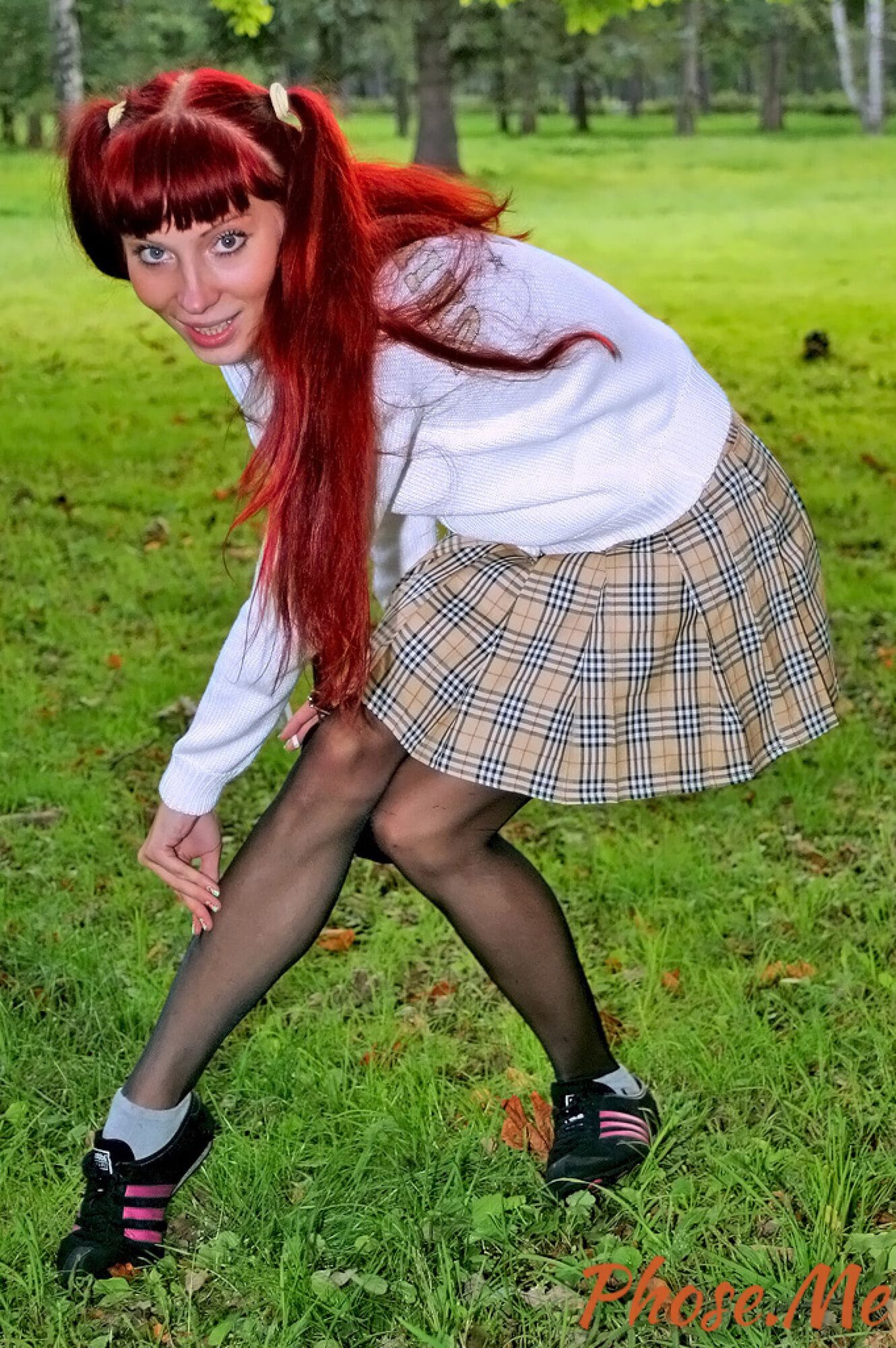 Redhead Outdoors In Plaid Skirt and Black Pantyhose #4