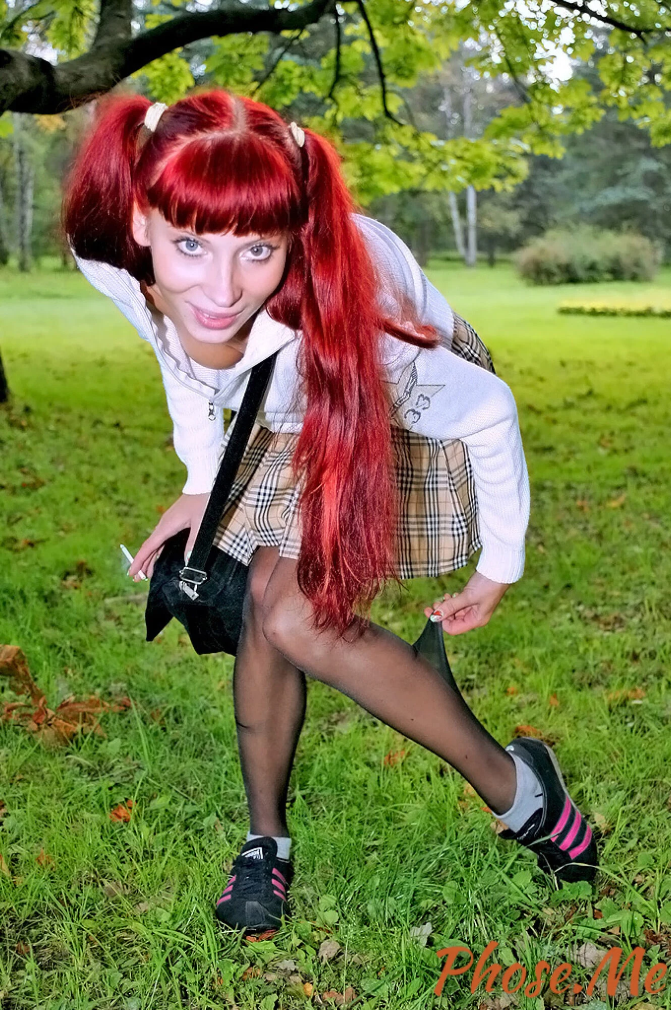 Redhead Outdoors In Plaid Skirt and Black Pantyhose #14