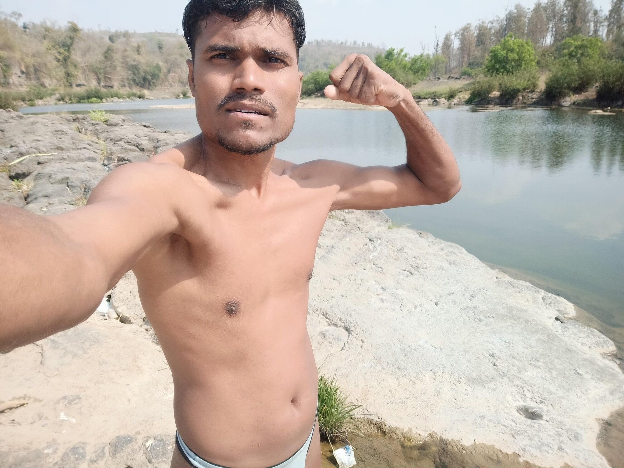 Hot muscular gym boy outdoor in river bathing enjoying swimm #53