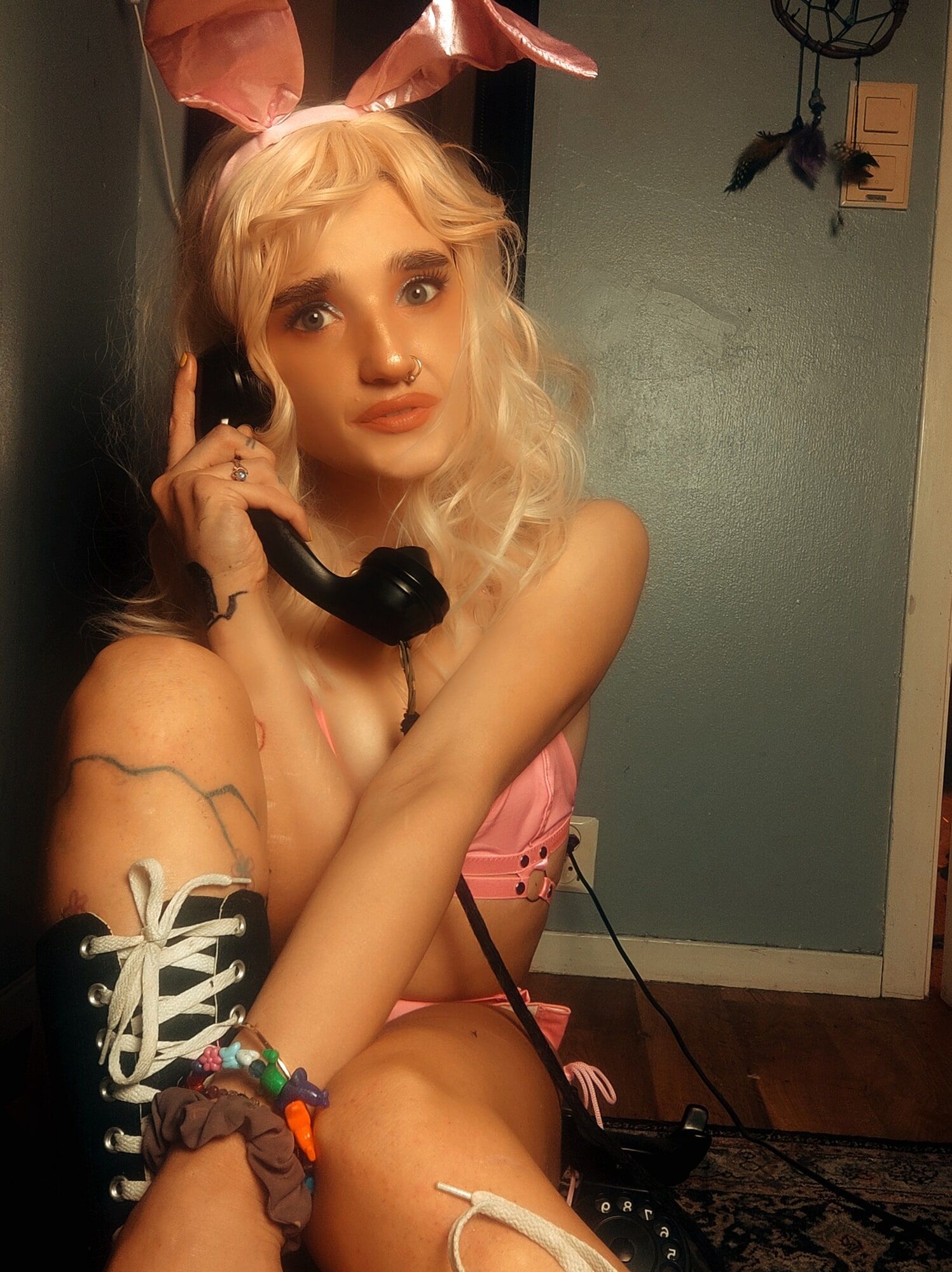 Pink bunny talking on the phone while showing off pussy #2