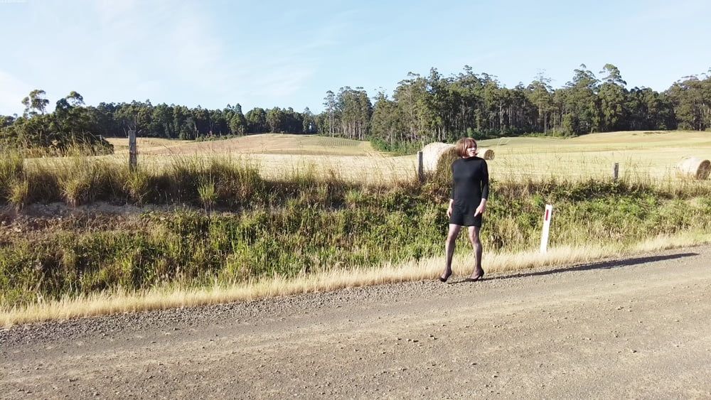 Crossdress Road trip- Rural road -Black Dress #16