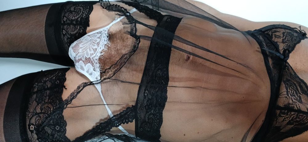 Black stoking white panty and black transparent nightie #3