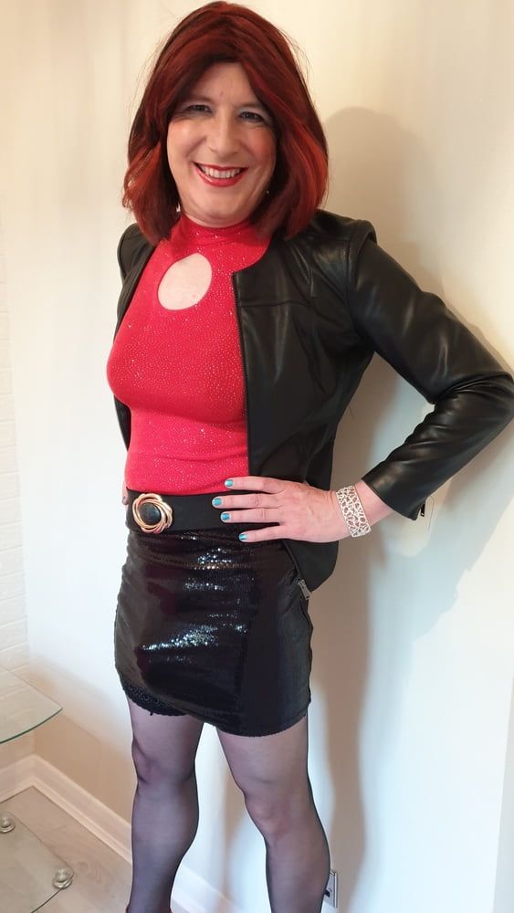 Leather jacket and pink sissy chastity for TGirl Lucy #40
