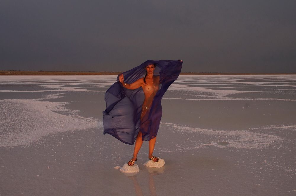 On Sunset-Light with DeepBlue Shawl on Salt- Lake #19