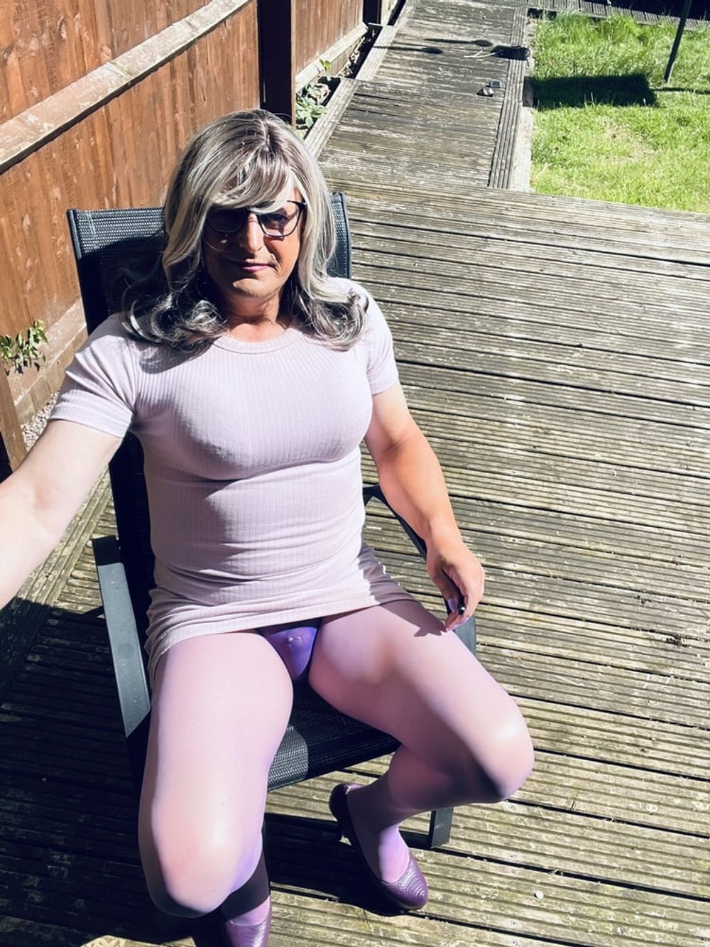 Crossdresser Kellycd in lilac dress and seamless pantyhose  #14