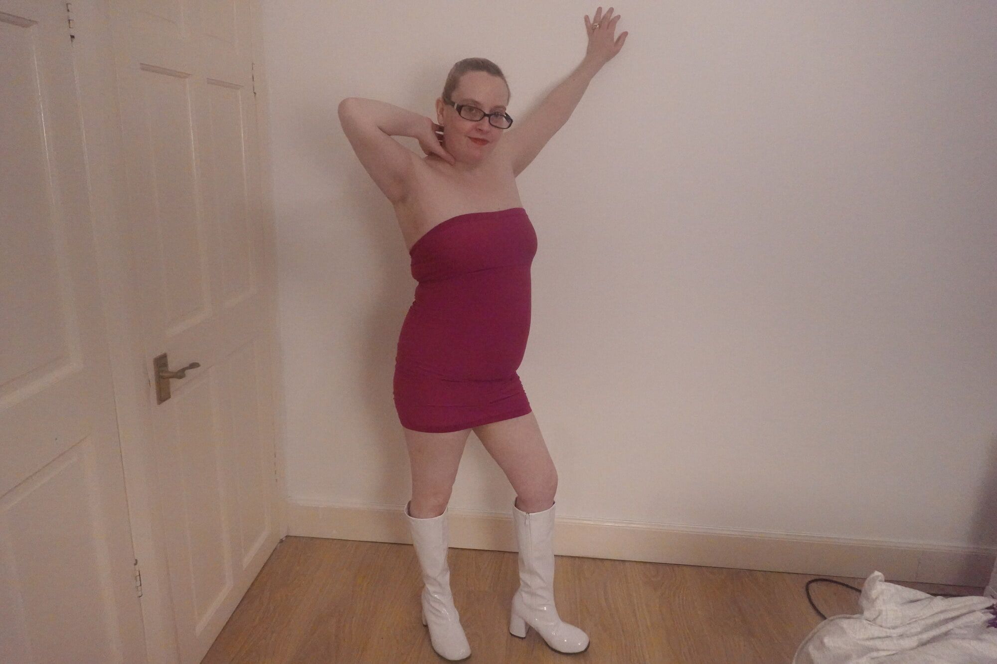 Date night pink dress and White PVC Knee Boots #7
