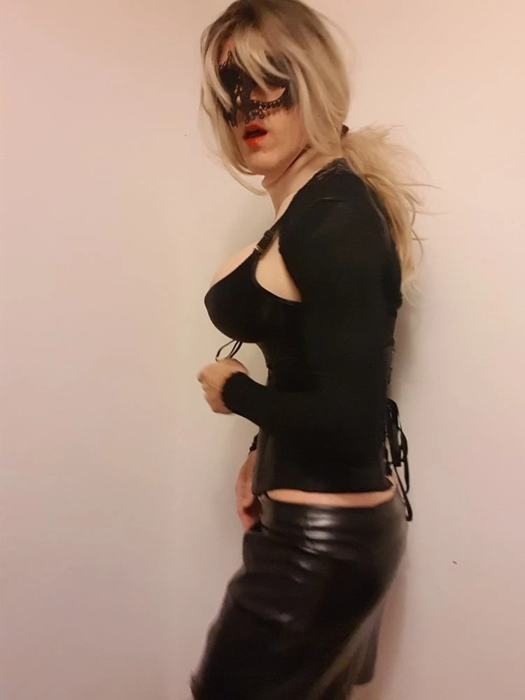 Sexy blonde trans, big tits, leather skirt #37