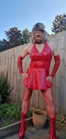 rachel wears red pvc dress         