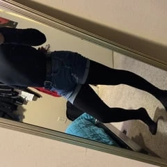 Leggings under denim shorts 