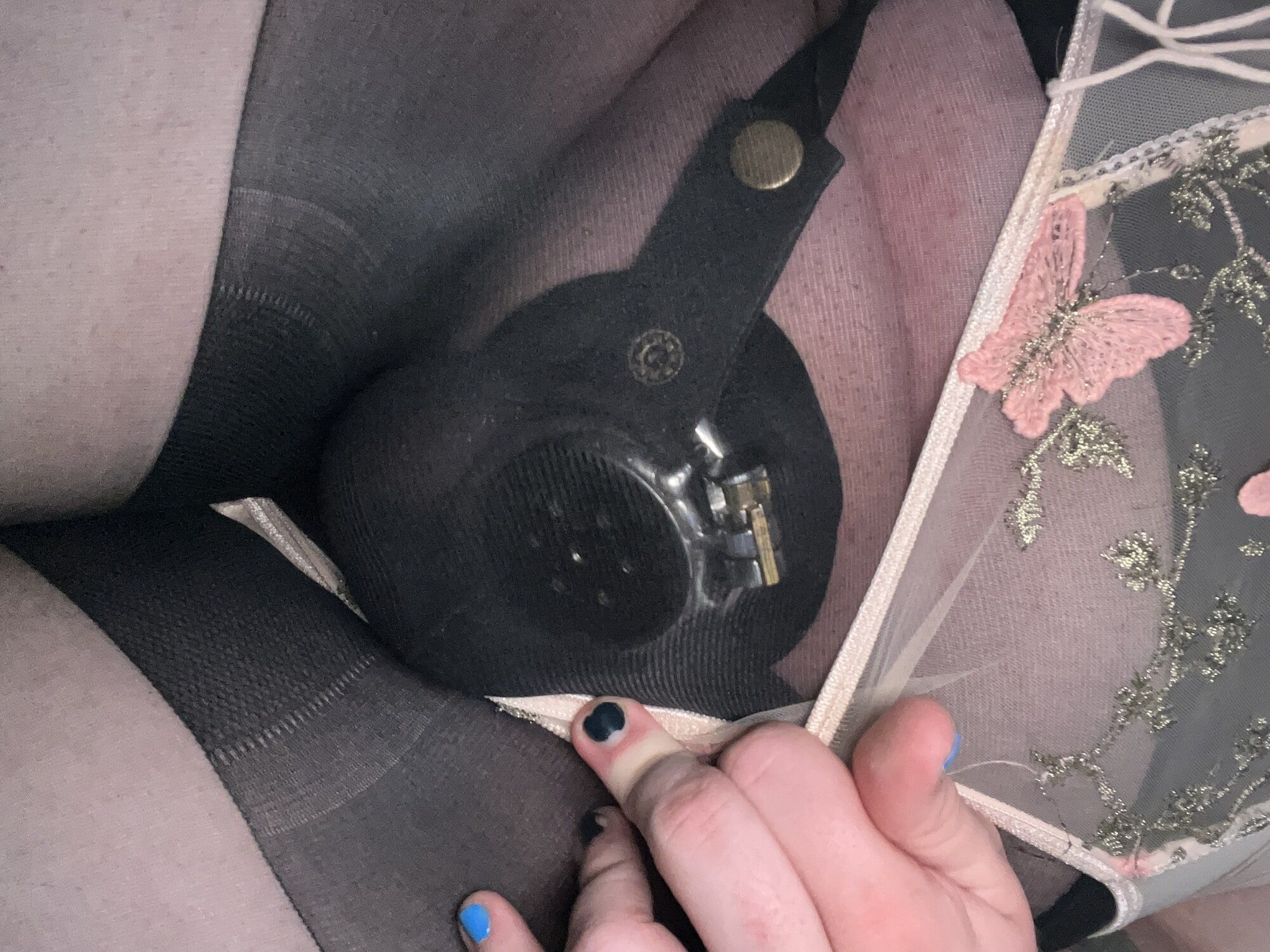 inverted flat chastity cage in nylons