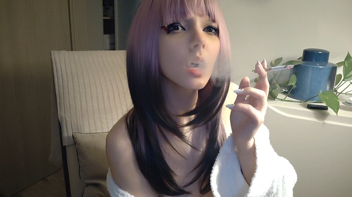 Small titties Egirl in bathrobe smoking #8