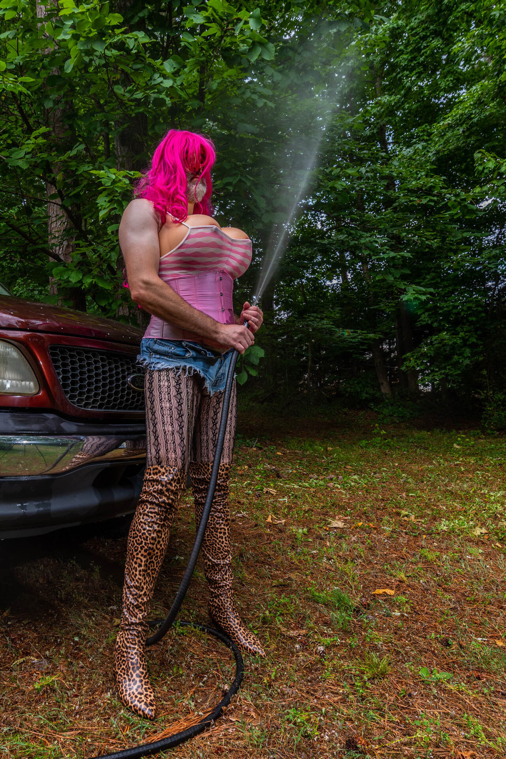 Gigantic fake tits crossdresser washing my truck in Daisy Du #7