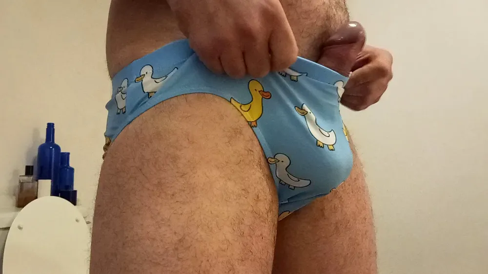 Small penis bulge cum in cute duck speedo, brief, trunks. #10