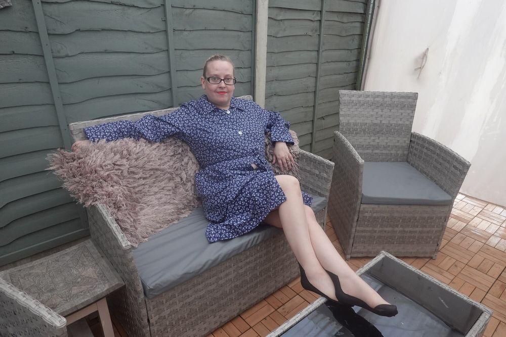 posing in vintage nylon stockings on bench