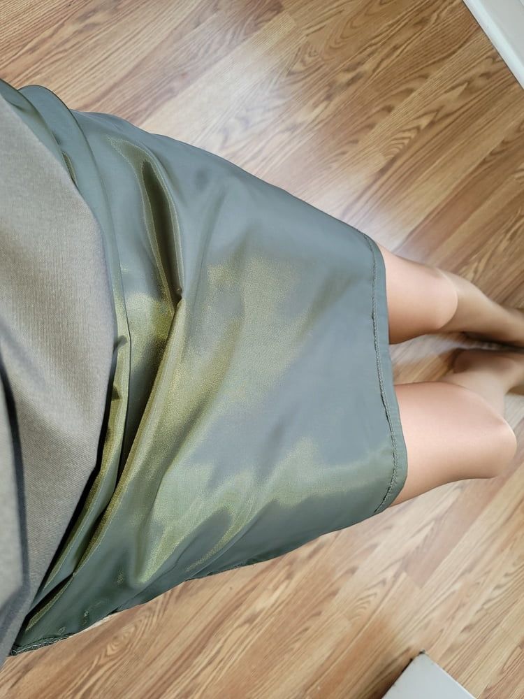 Lined green office pencil skirt with glossy pantyhose  #21