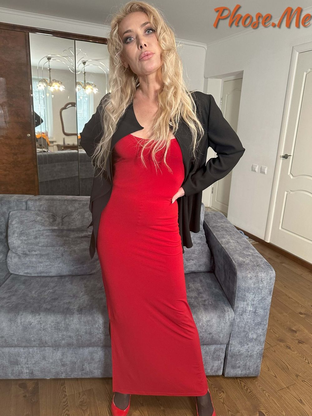 Blonde MIlf In Red Slit Dress, Black Pantyhose and Heels #3