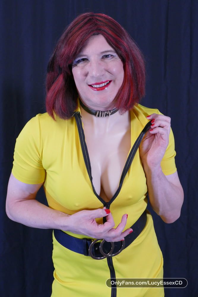 Big cock TGirl Lucy with big fake tits in yellow mini dress #2