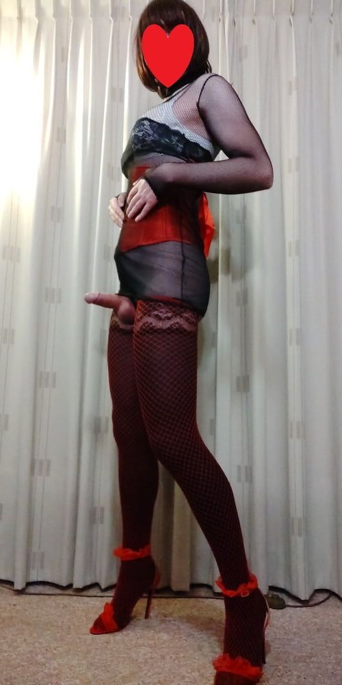 Got horny in fishnets and red corset #15