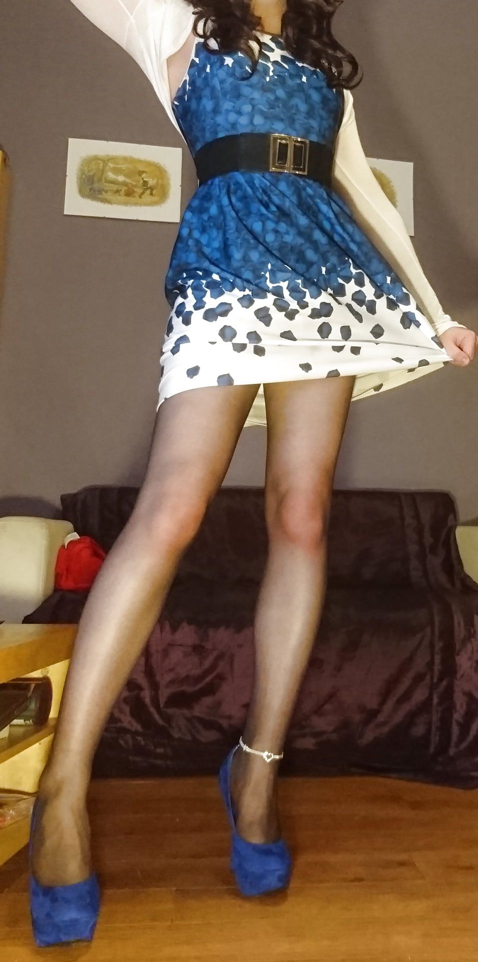Marie crossdresser blue dress and sheer pantyhose #6