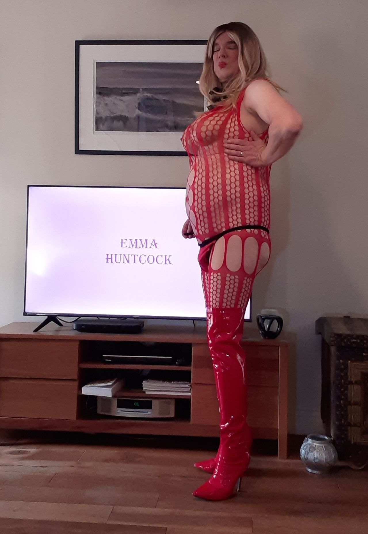 sissy in red lingerie and thigh boots #23