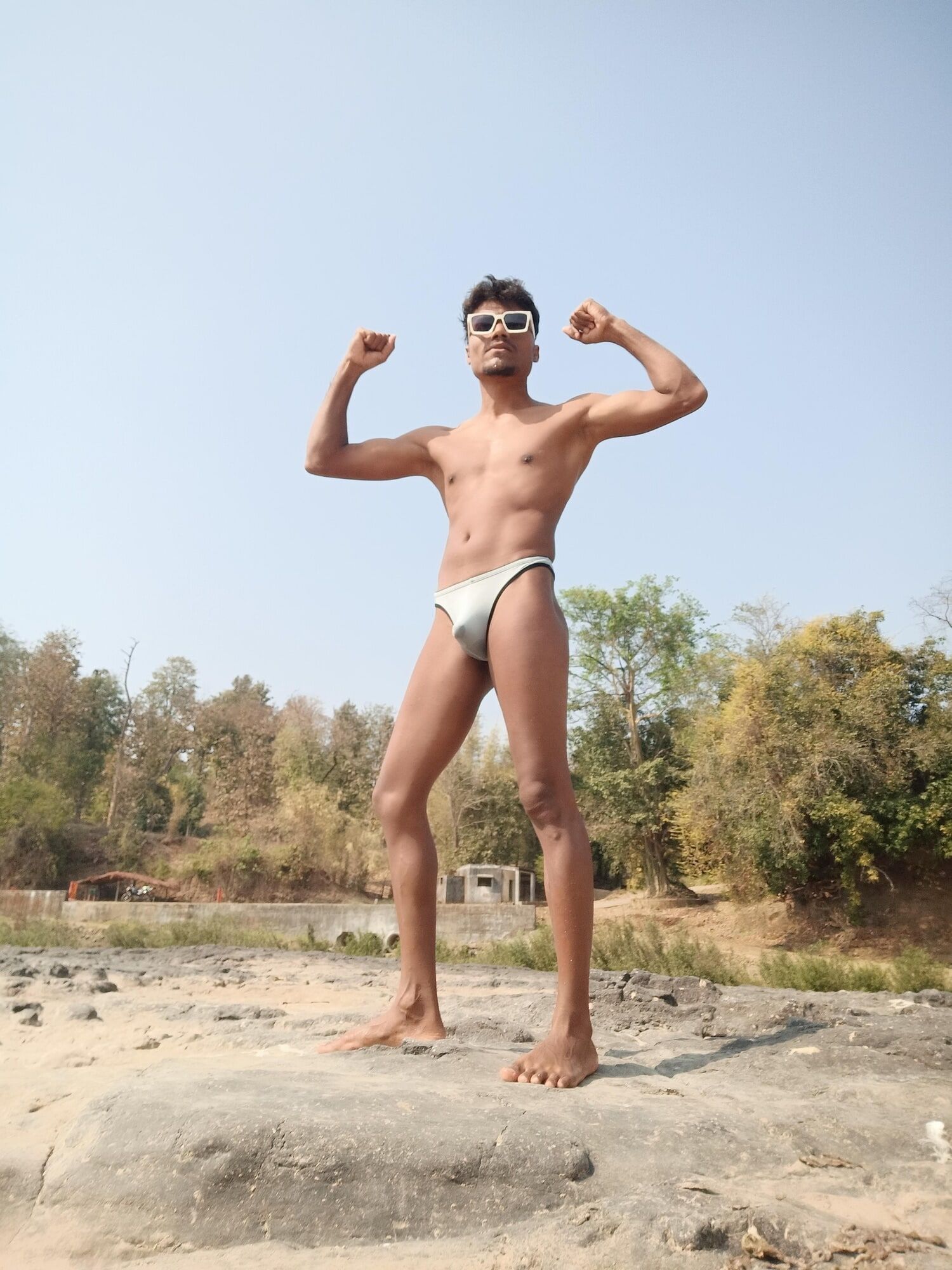 Hot muscular gym boy outdoor in river bathing enjoying swimm #58