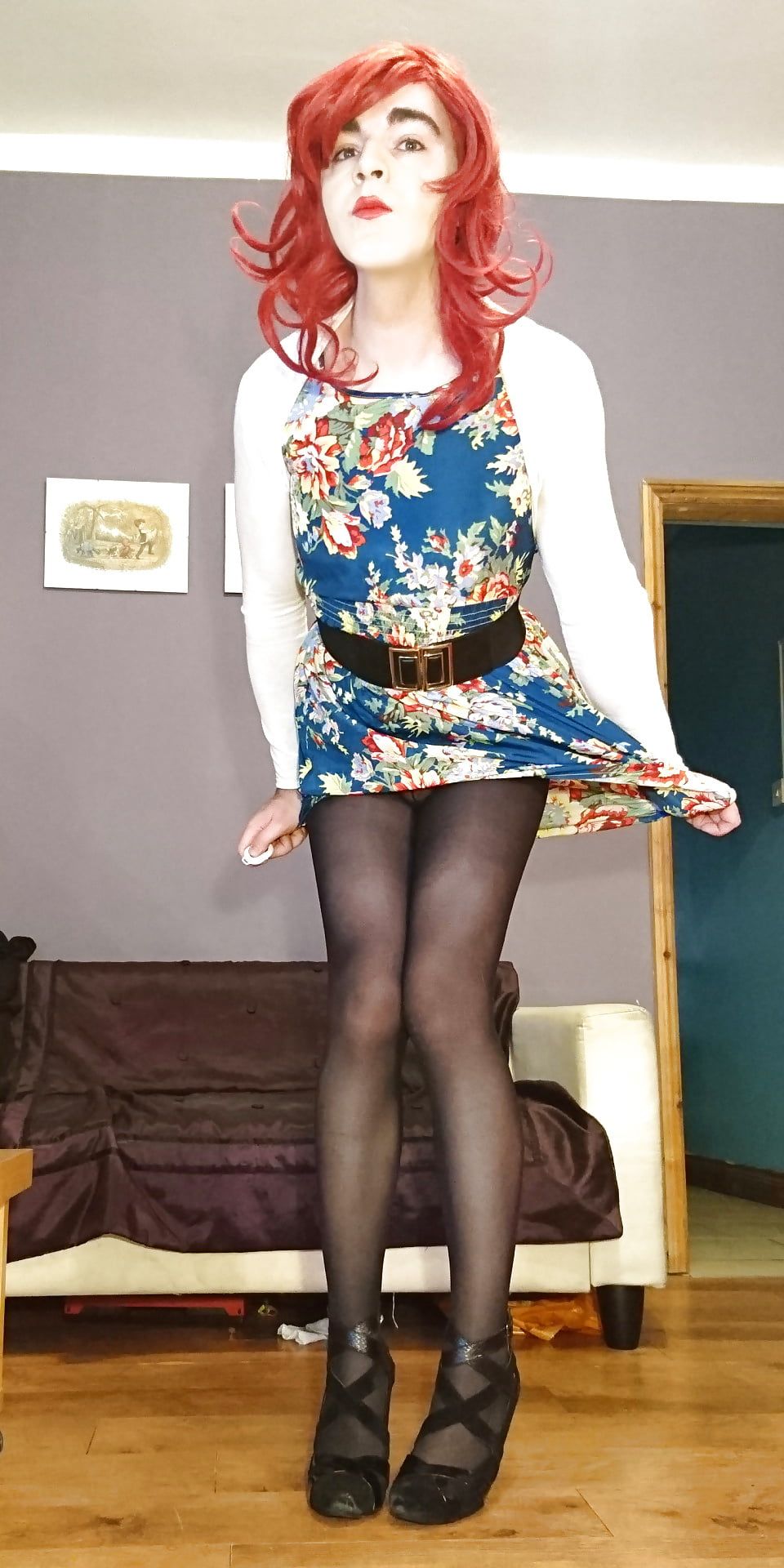 Marie crossdresser in opaque pantyhose and floral dress #3