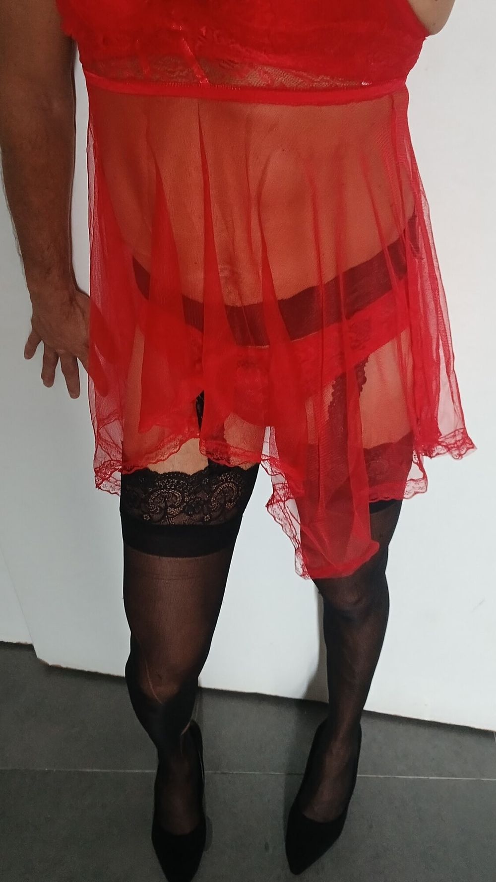 Red nightie black stoking high heels  #24