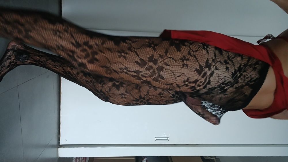 Fishnet pantyhose red nightie  #19