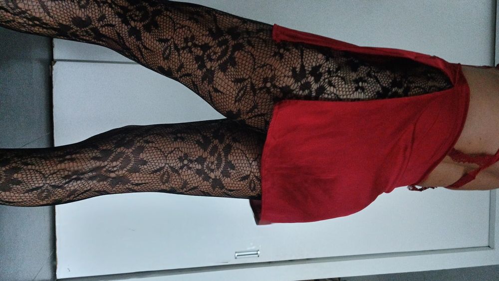 Fishnet pantyhose red nightie  #3