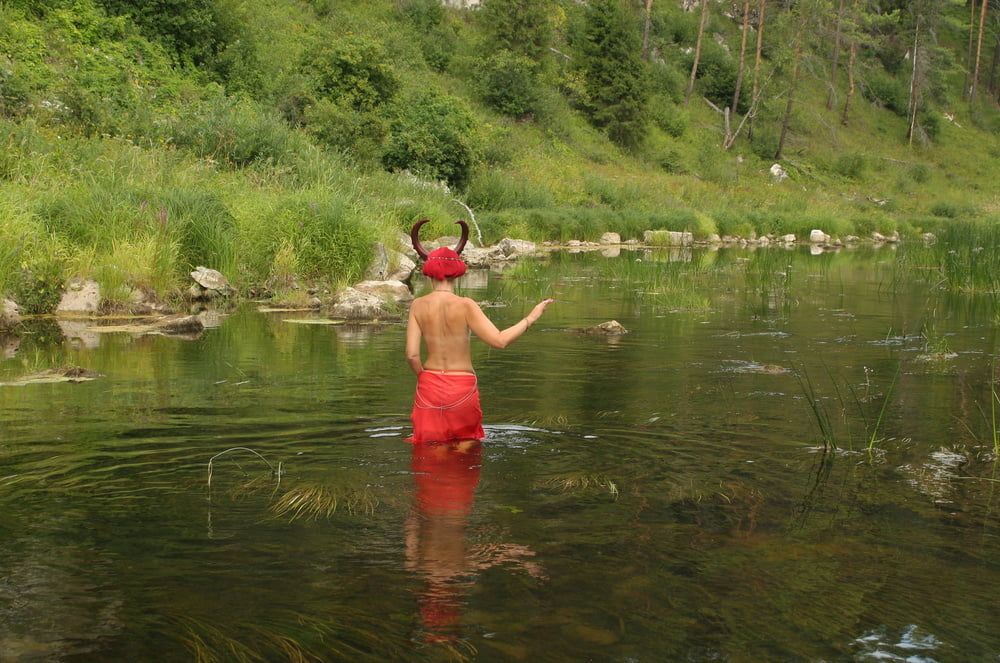 With Horns In Red Dress In Shallow River #7