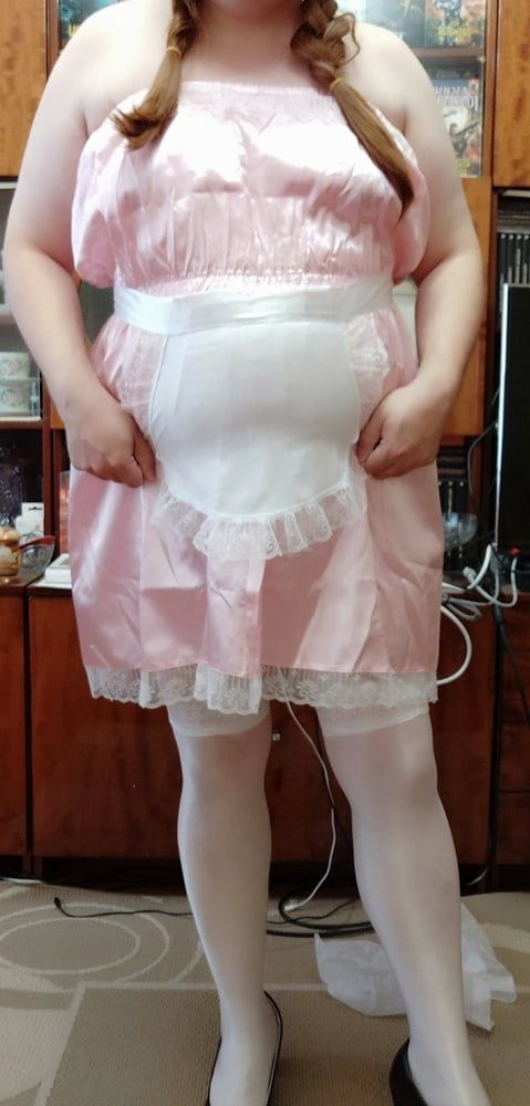 Sissy maid posing in white stockings #40