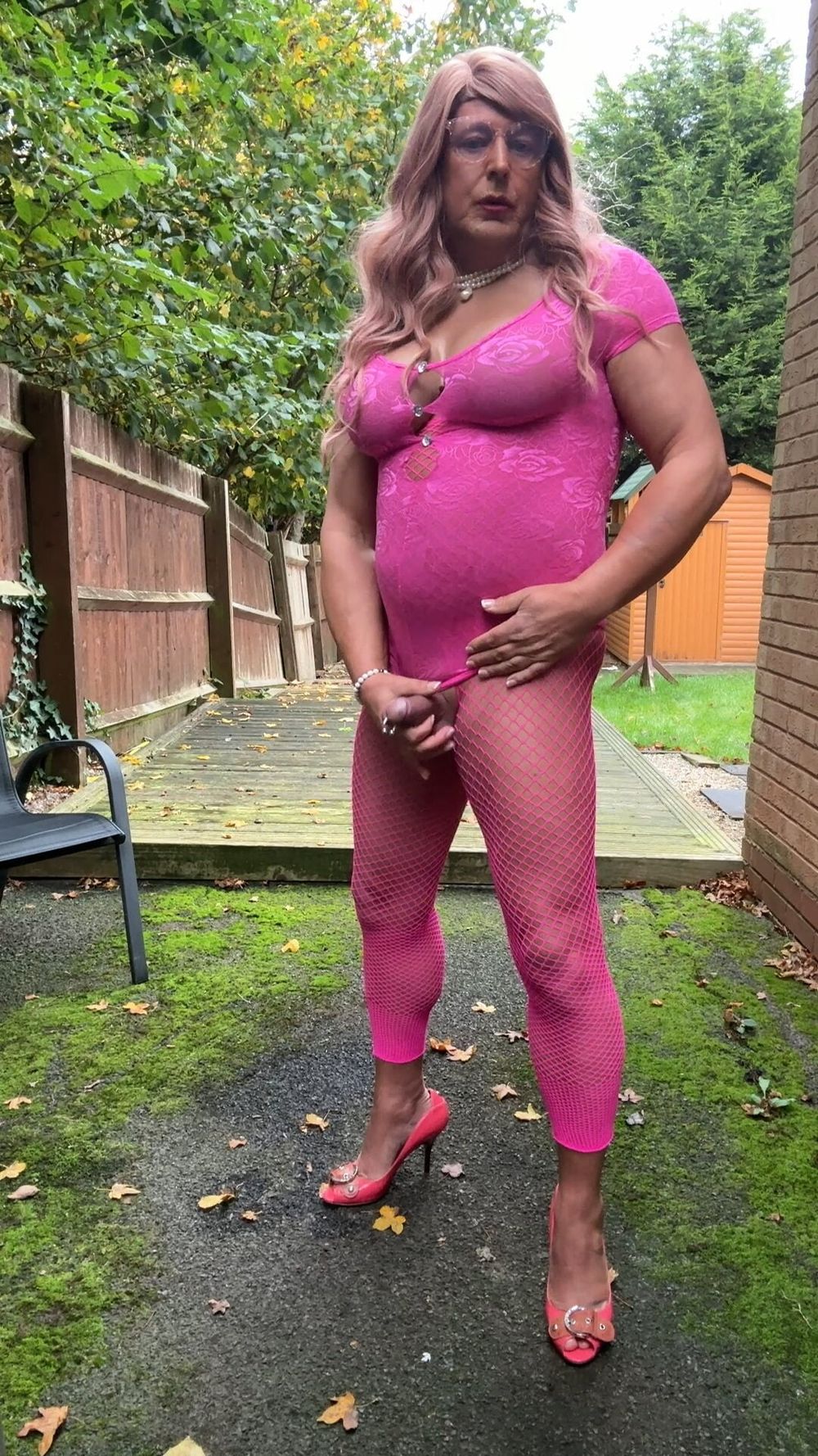 Crossdresser kellycd2022 in pink playsuit and fishnets  #18