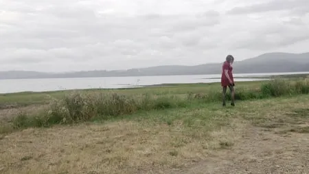 crossdess road trip red dress follow the river         