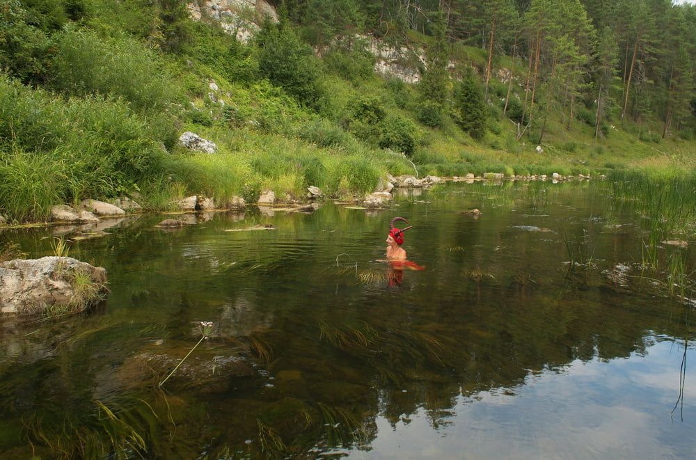 With Horns In Red Dress In Shallow River #33