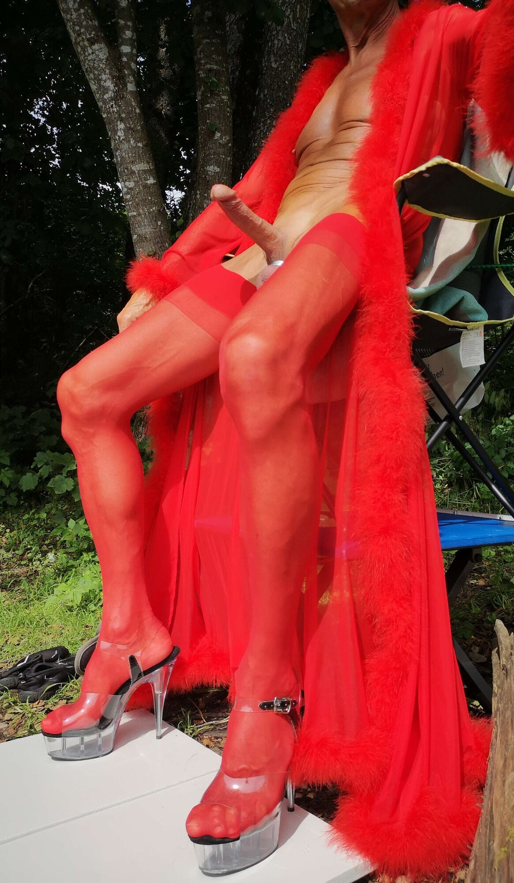 Boner in red Lingerie at public Nudist Lake #36