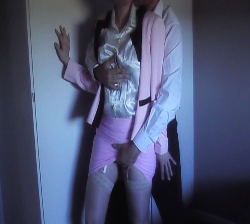 Pink skirt suit, cum on satin blouse #5