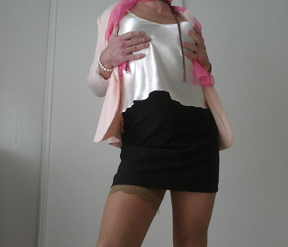 classy lady, short skirt satin lingerie and stockings #3